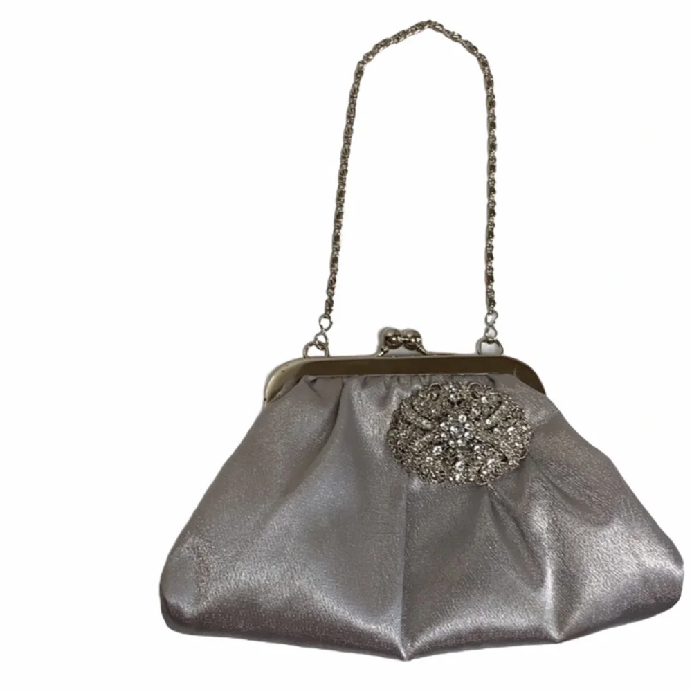 Vintage Purse Silver Rhinestone Jewel Embellished Button Silver Chain Handle Y2K